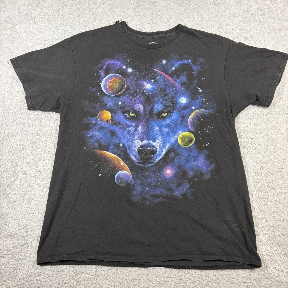 Nature Graphic Shirt Mens Large Black Solar System Space Wolf Colorful DOM